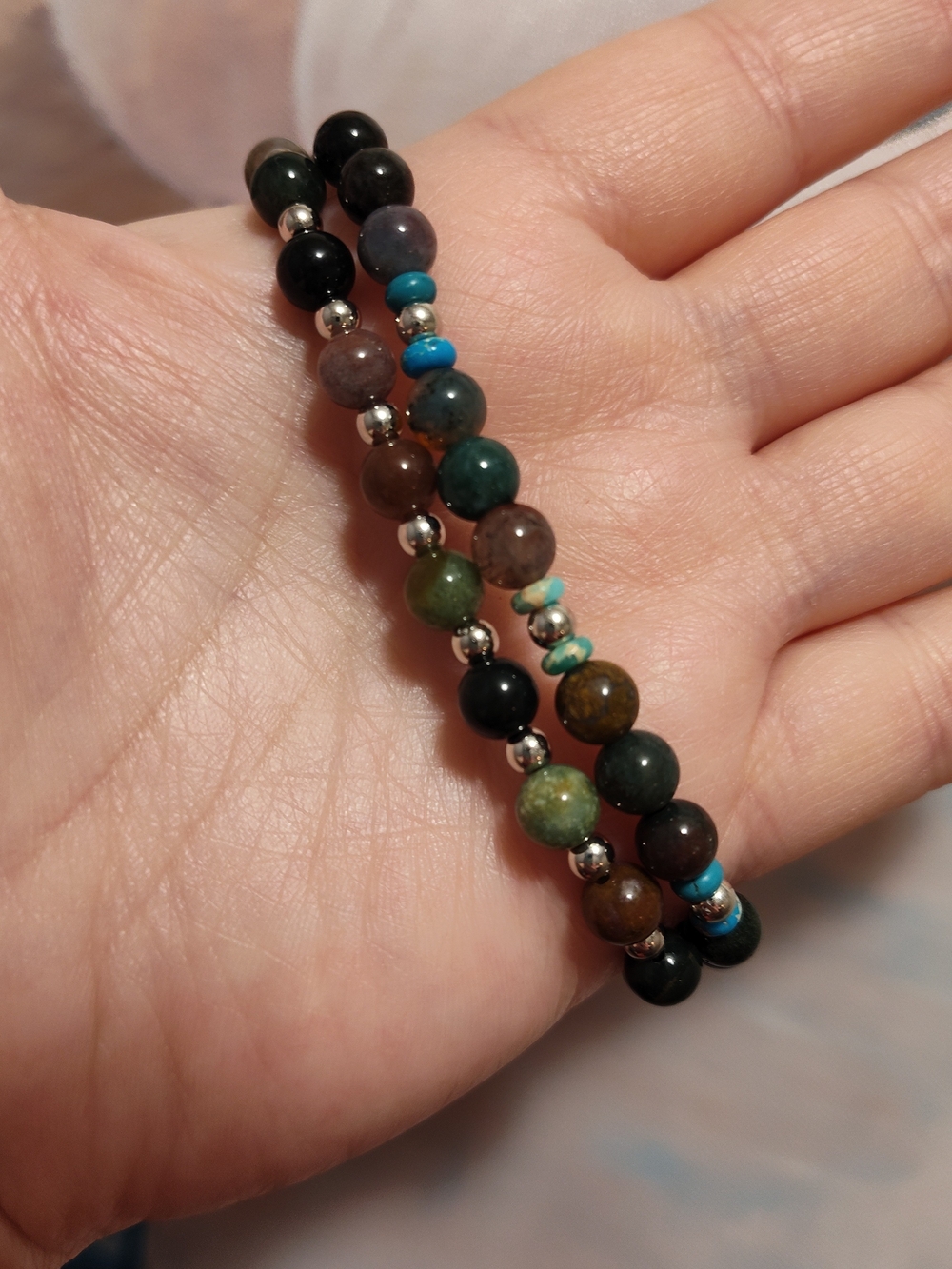 Handmade Natural Indian Agate Double Strand Bracelet With Love Knot Charm